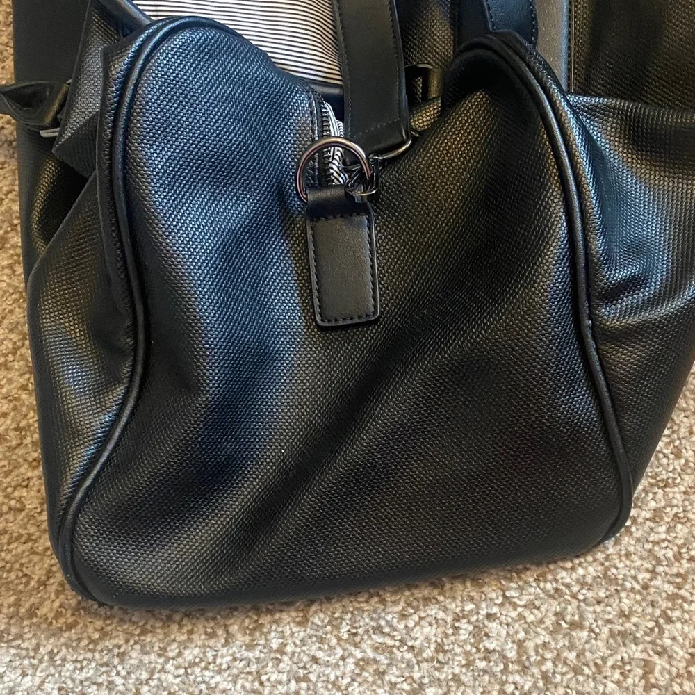 Louenhide Black and Cream Men's Vegan Leather Weekender Travel Bag w/Dual Straps